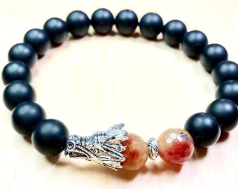 Pulsera de ónix negro para hombre, dije de dragón, gema de ágata de fuego