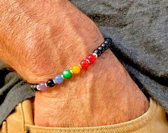 Pulsera elástica de piedras preciosas para hombre: ónix, ágata, turmalina, aventurina, amatista, jade, granate (chakra negro).