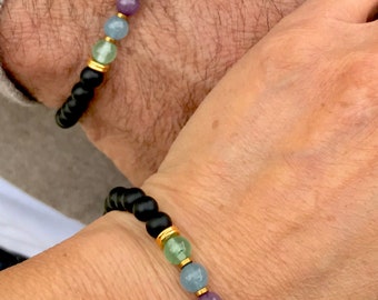 Pulseras para parejas con cuentas de ónix y piedras preciosas – Elásticas, peridoto, aguamarina