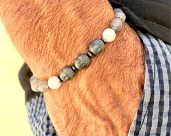 Pulsera elástica para hombre con piedras preciosas: ágata, hematita, Buda, peltre (Nao).