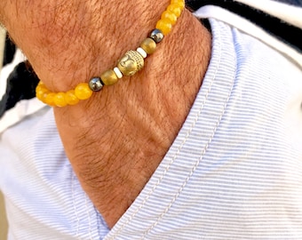 Pulsera elástica para hombre con piedras preciosas: ágata, hematita, howlita y Buda (Malí).