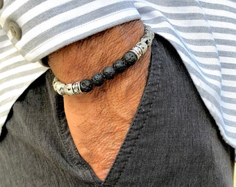 Pulsera de cuentas de gemas elásticas para hombre - Lava, Jasper (Sesame)