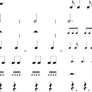 May include: A sheet of paper with various musical notes and symbols, including quarter notes, eighth notes, sixteenth notes, and a whole note. The notes are arranged in rows and columns, with some notes grouped together to form chords.