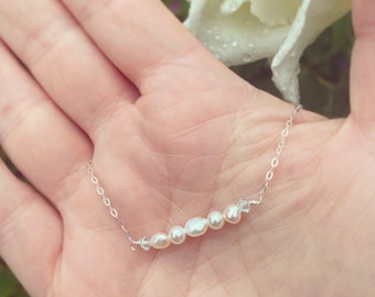 SILVER pearl Bar Necklace, Pearl Necklace