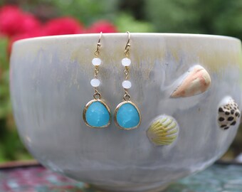 Aqua Chalcedony Gemstone Earrings, Moonstone Dangles, 14K Gold Fill