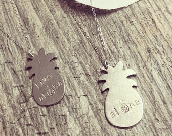 Stamped Pineapple Necklace, Sterling Silver Chain, Custom Aloha Jewelry