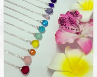 Sterling Silver Gemstone Drop Necklace, Chalcedony, Quartz, 18 inch Chain