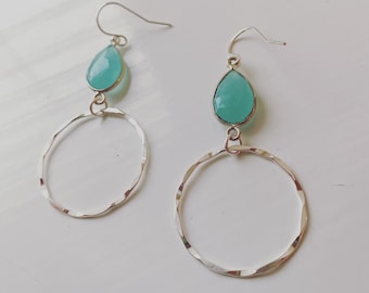 Silver Chalcedony hoop Earrings,  Chalcedony Earring