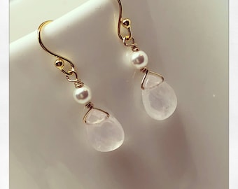 Rose Quartz Drop Earrings, Silver Gemstone, Swarovski Pearl
