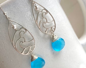 Chalcedony Gemstone Wave Earrings, Sterling Silver, Beach Jewelry