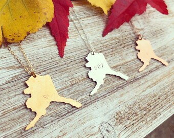 Hand Stamped Alaska State Necklace, Sterling Silver Chain, Custom Heart