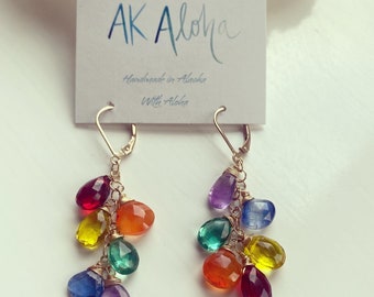 Rainbow Gemstone Earrings, 14K Gold Plated, Asymmetric Kyanite Amethyst Quartz