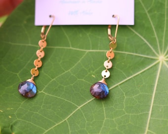 Labradorite Dangle Earrings, 14K Gold Chain, Gemstone Jewelry