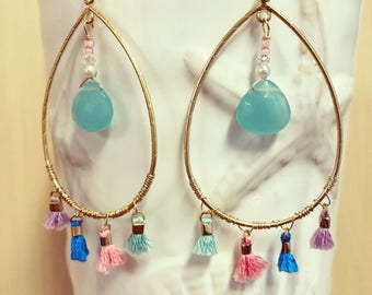 Chalcedony Gemstone Hoop Earrings, Pastel Tassels, Gold Filled