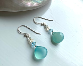 Aqua Chalcedony Earrings, Swarovski Crystals, Sterling Silver