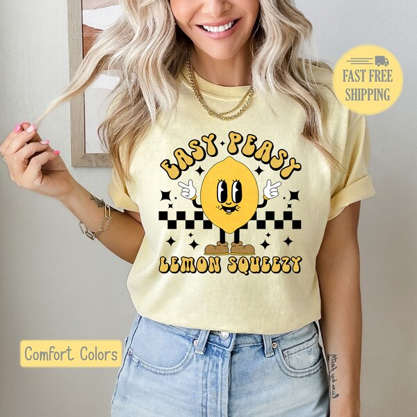 Easy-Peasy Lemon Squeezy Shirt, Retro Character Graphic Tee, Checkered Tee, Easy-Peasy Lemon Squeezy Sweatshirt, Catch Phrases, Cute Lemon