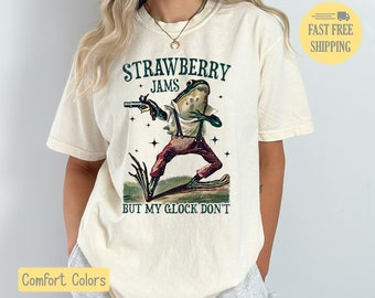 Strawberry Jams But My Glock Don't Shirt, Western Frog Graphic Tee, Gun Tee, Strawberry Jam Sweatshirt, Western Sweatshirt, Vintage Pullover