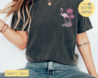 Flamingo Shirt, Palm Tree Shirt, Pocket Graphic Tee, Summer Graphic Tee, Boho Beach Shirt, Vintage Beach Tee, Beach Vacation, Beach Vibes