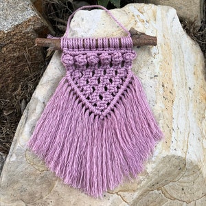 Handmade Pink Macrame Wall Hanging: Recycled Cotton, Natural Branch