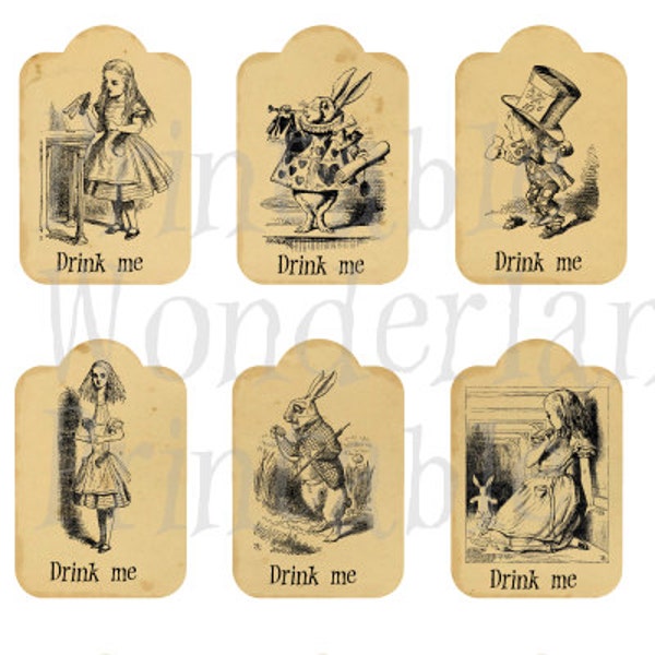 Printable Alice in Wonderland Gift Tags / labels . 5 sets of labels: "Eat me, Drink me, Thank you, Open me and blank" - Download and print
