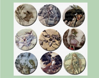 Arthur Rackham Digital Collage Sheet - 1 inch circles - 35 images - fairies, Alice in Wonderland, animals - instant download