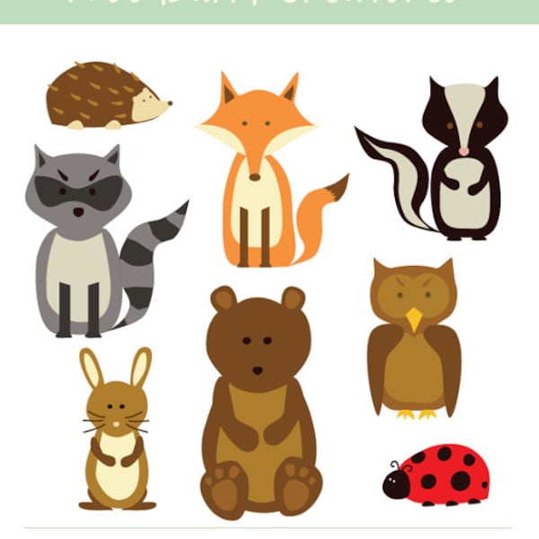 Woodland creatures clip art - 8 images of different woodland animals - Fox, owl, skunk, raccoon, rabbit, hedgehog, ladybird, bear clip art