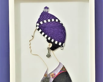 Pretty Hmong girl turban hat, Hmong wall art, Hmong quilling, Gift