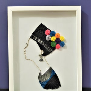 Pretty Hmong girl pom pom hat, Hmong wall art, Hmong quilling, Gift