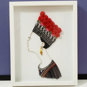 Pretty Hmong girl plaid hat, Hmong wall art, Hmong quilling, Gift