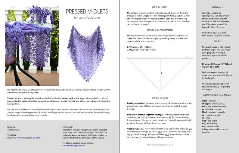 Puede incluir: Un chal triangular lila con un delicado dise&ntilde;o calado. El chal "Pressed Violets" est&aacute; hecho con hilo ligero y presenta un borde festoneado. El patr&oacute;n incluye instrucciones y gr&aacute;ficos para un chal triangular y una estola rectangular, con una envergadura de 140 cm.