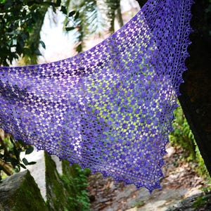 Puede incluir: Un chal hecho a mano, de tejido abierto, en un vibrante tono p&uacute;rpura. El chal est&aacute; drapeado sobre una rama de &aacute;rbol, mostrando su intrincado patr&oacute;n calado. Los bordes son festoneados, a&ntilde;adiendo un toque delicado. El fondo presenta exuberante vegetaci&oacute;n.