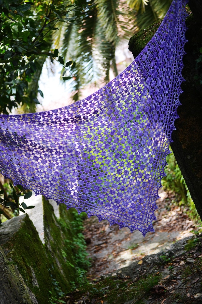 Puede incluir: Un chal hecho a mano, de tejido abierto, en un vibrante tono p&uacute;rpura. El chal est&aacute; drapeado sobre una rama de &aacute;rbol, mostrando su intrincado patr&oacute;n calado. Los bordes son festoneados, a&ntilde;adiendo un toque delicado. El fondo presenta exuberante vegetaci&oacute;n.