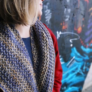 May include: A blue, tan, and purple crocheted cowl scarf. The scarf is wrapped around the neck and shoulders. The person in the image is wearing a red jacket and a blue shirt. The background is a wall with graffiti.