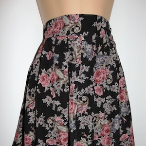 Laura Ashley Black Silky Viscose Roses Muted Pastels Pleated Skirt, UK 14