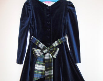 Rare Laura Ashley Vintage, Navy Velvet, Tartan Dupioni Silk Sash, Girls Party Dress, Size 8/9 Years