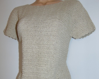 Laura Ashley Vintage Hand Crochet Ramie Cotton Bohemian Top/ Jumper/ Sweater, Size Medium