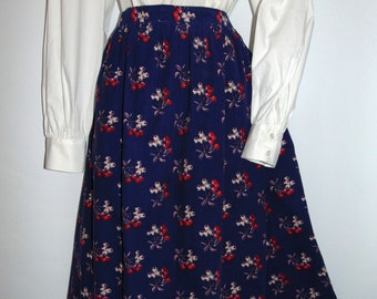 Jupe vintage bleu royal en velours côtelé Laura Ashley à imprimé fleurs de cerisier/fruits rares, Royaume-Uni 12