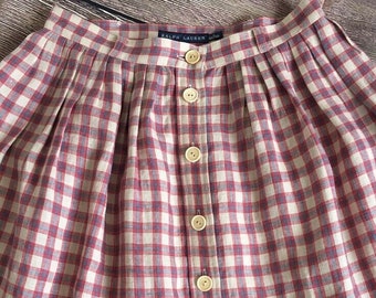 Ralph Lauren Check Pure Linen Pleated Buttoned Mini Skirt 2, 155/70 A , UK 8/10, New