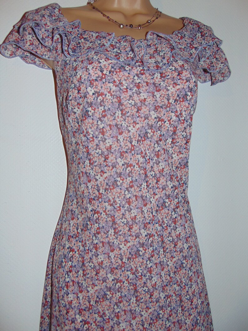 Laura Ashley Vintage Retro Ditsy Fine Chiffon Ruffled Neckline Summer Dress 8UK