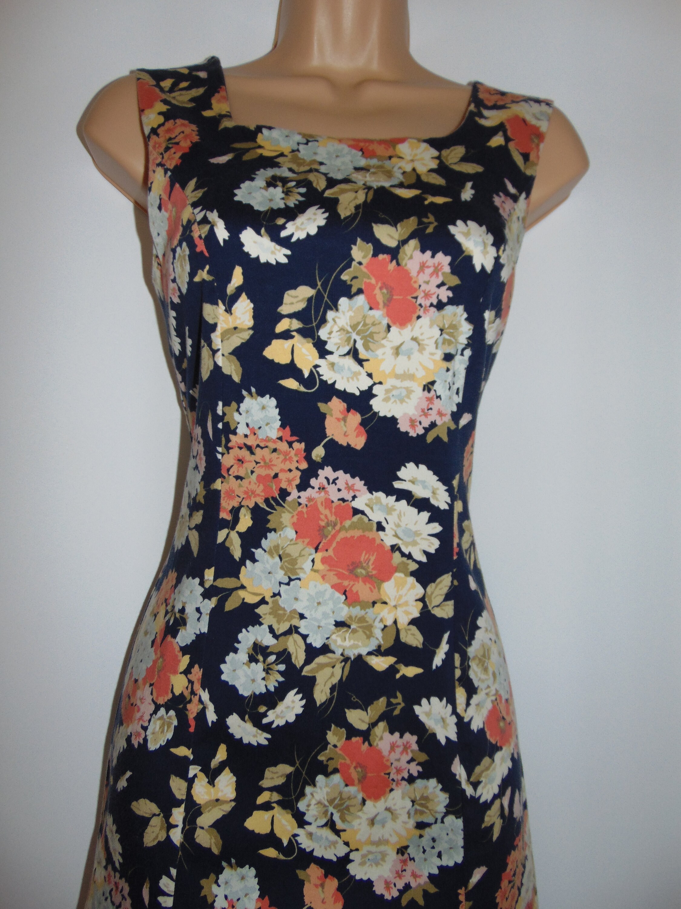 Image of Laura Ashley Vintage Navy Floral Stretch Cotton Sleeveless Dress,  Uk |  Uk