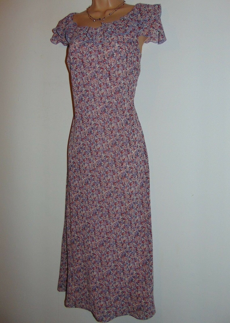 Laura Ashley Vintage Retro Ditsy Fine Chiffon Ruffled Neckline Summer Dress 8UK