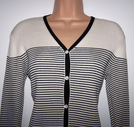 ローラアシュレイ　ヴィンテージ　ニットカーディガン　M ローラ アシュレイ ヴィンテージ 未使用 リブ編み コットン ストライプ