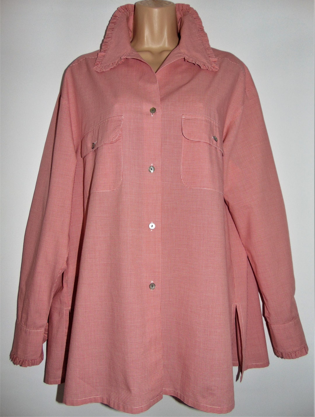 Laura Ashley Rare Vintage Red Gingham Frilled Collar/ Cuffs Oversize Shirt, UK 10