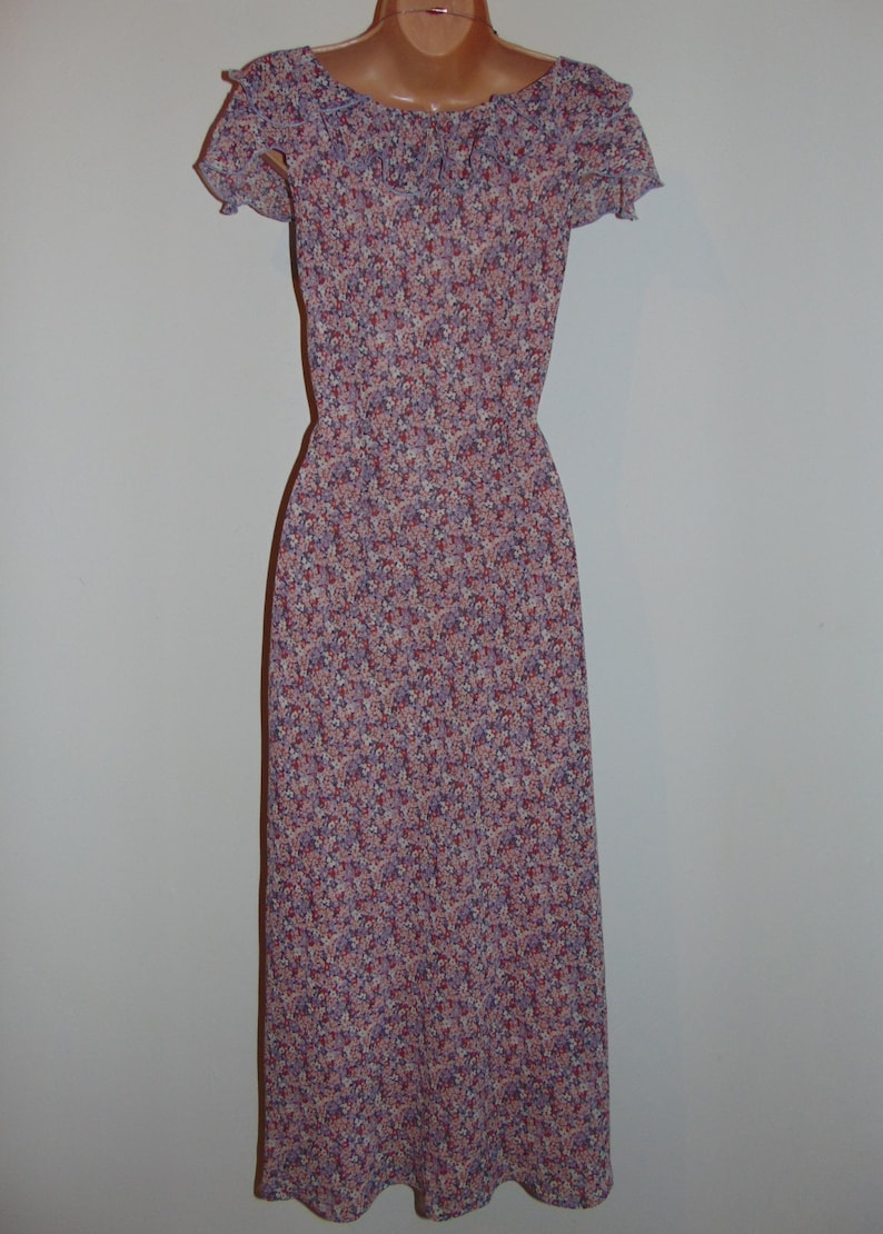 Laura Ashley Vintage Retro Ditsy Fine Chiffon Ruffled Neckline Summer Dress 8UK