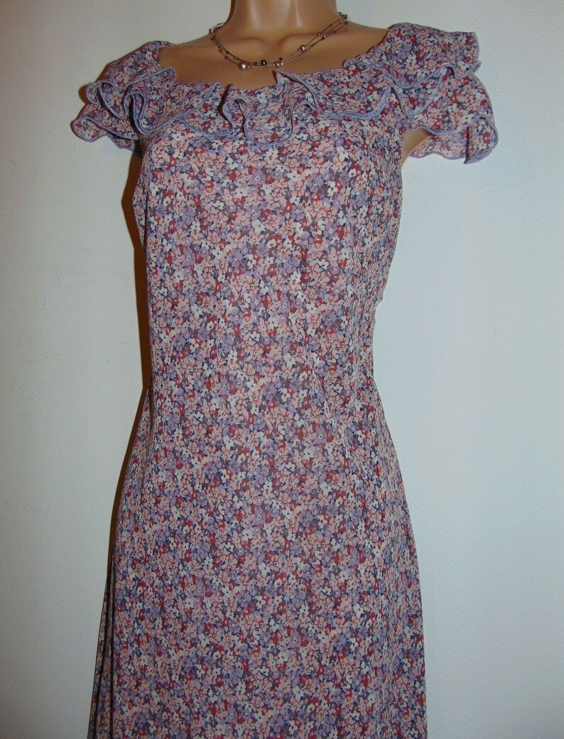 Laura Ashley Vintage Retro Ditsy Fine Chiffon Ruffled Neckline Summer Dress 8UK