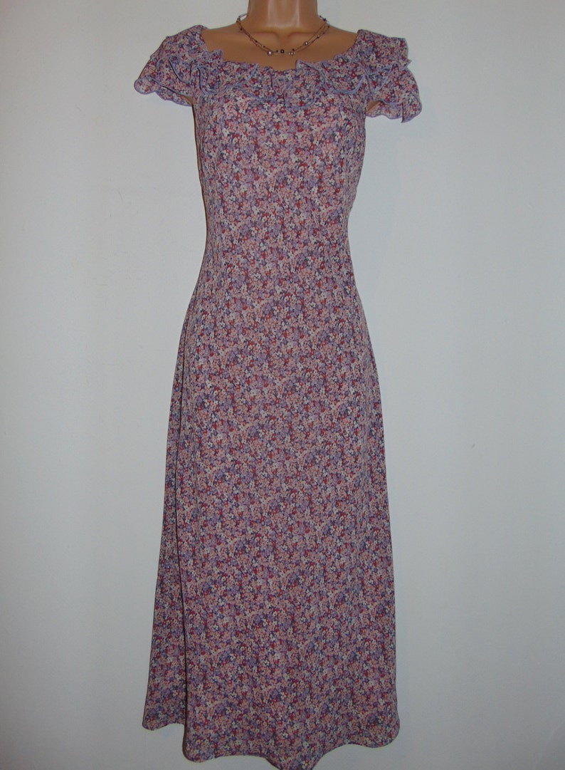 Laura Ashley Vintage Retro Ditsy Fine Chiffon Ruffled Neckline Summer Dress 8UK