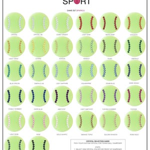 May include: A chart showing different crystal colors for tennis ball dampeners. The chart is divided into 16 rows, each with a different crystal color. The crystal colors are listed below each row. The chart also includes a guide for selecting the right crystal color for your dampener.