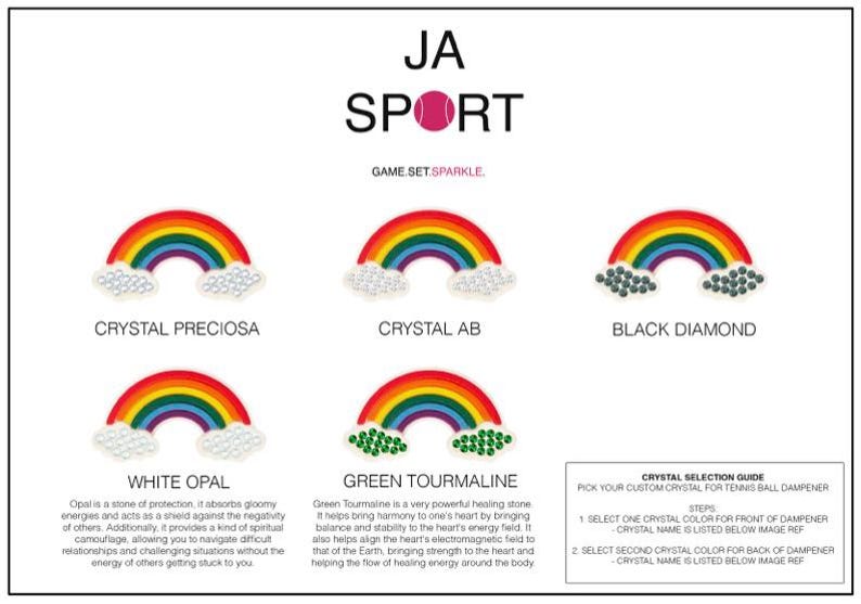 May include: A guide to choosing crystals for tennis ball dampeners. The guide features images of rainbows with different crystals, including Crystal Preciosa, Crystal AB, Black Diamond, White Opal, and Green Tourmaline. The text "JA SPORT GAME SET. SPARKLE." is at the top of the image.