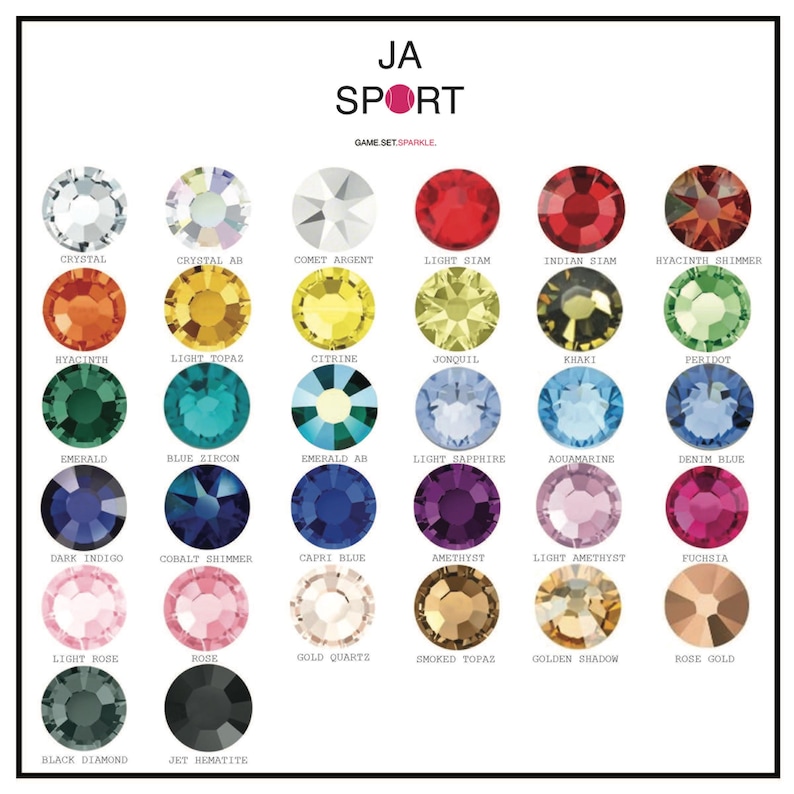 May include: A chart of 24 different colored rhinestones, labeled with their names. The chart is titled "JA SPORT GAME SET SPARKLE."