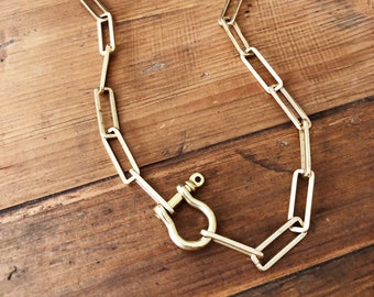Rocker Jewelry, Shackle Lock Link Necklace, VINTAGE Raw Brass